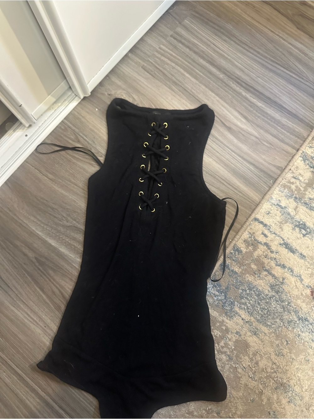 Guess Black Ribbed Lace-Up Tank Top with Gold Eyelets - Picture 2 of 3